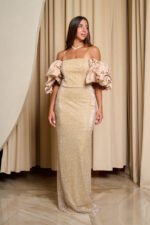 Φόρεμα maxi off shoulder με στρας και balloon μανίκια μπεζ-χρυσό - Image 9