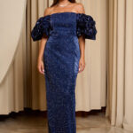 Φόρεμα maxi off shoulder με στρας και balloon μανίκια midnight blue