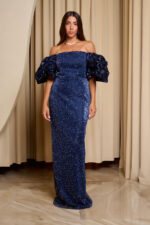 Φόρεμα maxi off shoulder με στρας και balloon μανίκια midnight blue