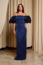 Φόρεμα maxi off shoulder με στρας και balloon μανίκια midnight blue - Image 2