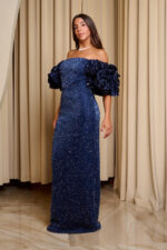Φόρεμα maxi off shoulder με στρας και balloon μανίκια midnight blue - Image 3