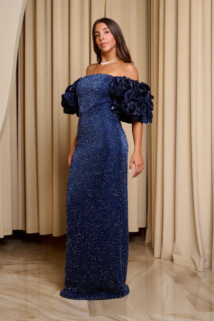 Φόρεμα maxi off shoulder με στρας και balloon μανίκια midnight blue - Image 3