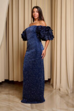 Φόρεμα maxi off shoulder με στρας και balloon μανίκια midnight blue - Image 4