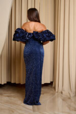 Φόρεμα maxi off shoulder με στρας και balloon μανίκια midnight blue - Image 6