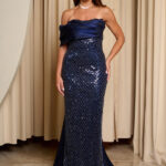 Φόρεμα maxi one shoulder με παγιέτες και ντραπέ μπούστο midnight blue