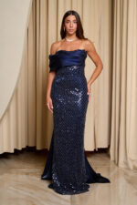 Φόρεμα maxi one shoulder με παγιέτες και ντραπέ μπούστο midnight blue