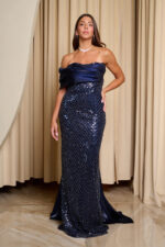 Φόρεμα maxi one shoulder με παγιέτες και ντραπέ μπούστο midnight blue - Image 11
