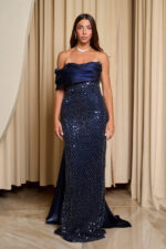 Φόρεμα maxi one shoulder με παγιέτες και ντραπέ μπούστο midnight blue - Image 3
