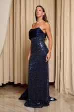 Φόρεμα maxi one shoulder με παγιέτες και ντραπέ μπούστο midnight blue - Image 5