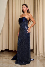 Φόρεμα maxi one shoulder με παγιέτες και ντραπέ μπούστο midnight blue - Image 6
