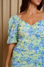 Φόρεμα mini floral print με σούρες μπλε-πράσινο