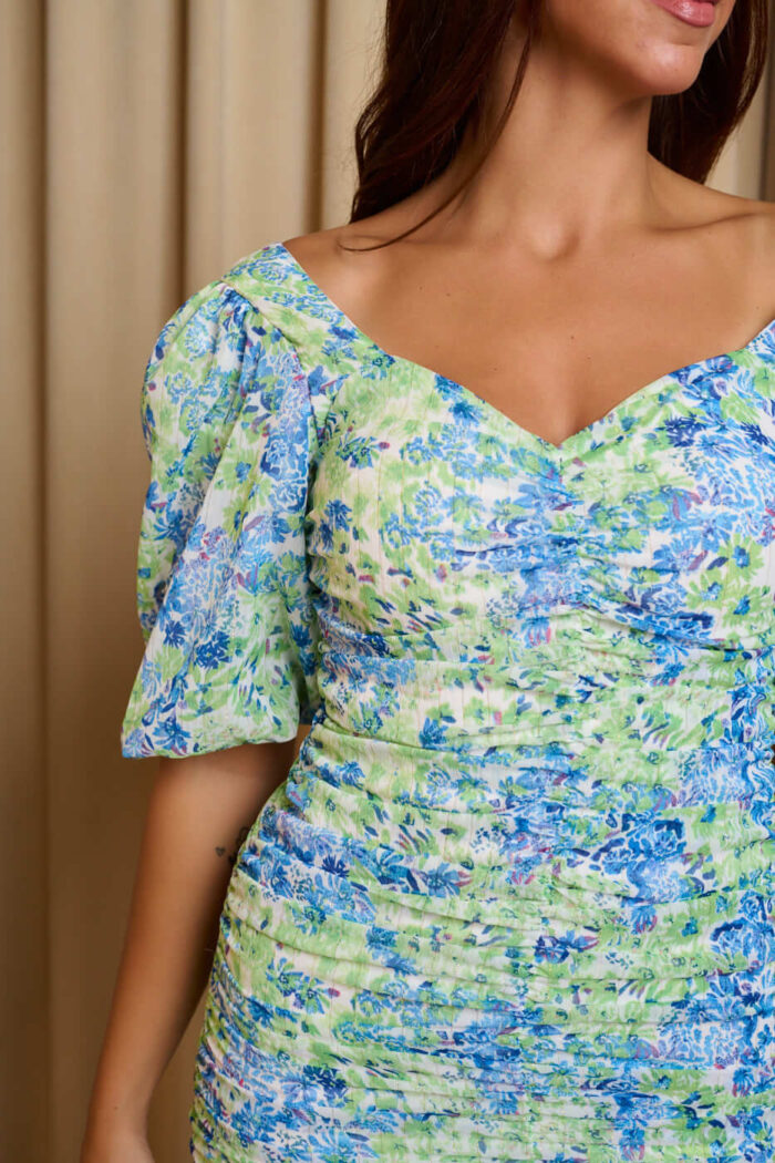 Φόρεμα mini floral print με σούρες μπλε-πράσινο