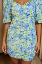 Φόρεμα mini floral print με σούρες μπλε-πράσινο