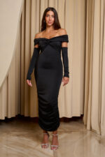 Φόρεμα midi off shoulder με twisted σχέδιο στο μπούστο και μανίκια μαύρο