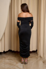 Φόρεμα midi off shoulder με twisted σχέδιο στο μπούστο και μανίκια μαύρο