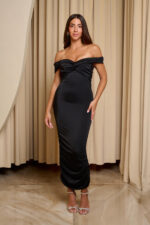 Φόρεμα midi off shoulder με twisted σχέδιο στο μπούστο και μανίκια μαύρο