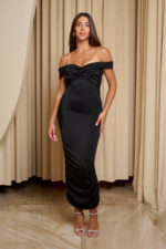 Φόρεμα midi off shoulder με twisted σχέδιο στο μπούστο και μανίκια μαύρο
