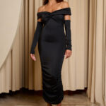 Φόρεμα midi off shoulder με twisted σχέδιο στο μπούστο και μανίκια μαύρο