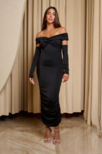 Φόρεμα midi off shoulder με twisted σχέδιο στο μπούστο και μανίκια μαύρο