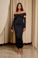 Φόρεμα midi off shoulder με twisted σχέδιο στο μπούστο και μανίκια μαύρο