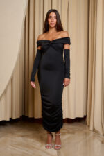 Φόρεμα midi off shoulder με twisted σχέδιο στο μπούστο και μανίκια μαύρο - Image 2