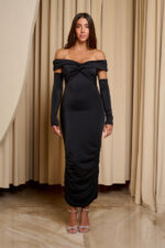 Φόρεμα midi off shoulder με twisted σχέδιο στο μπούστο και μανίκια μαύρο