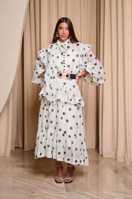 Σετ πουκάμισο - φούστα πουά με φραμπαλά εκρού