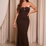 Φόρεμα midi στράπλες με διακοσμητικές πέτρες καφέ