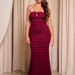 Φόρεμα midi στράπλες με διακοσμητικές πέτρες μπορντό