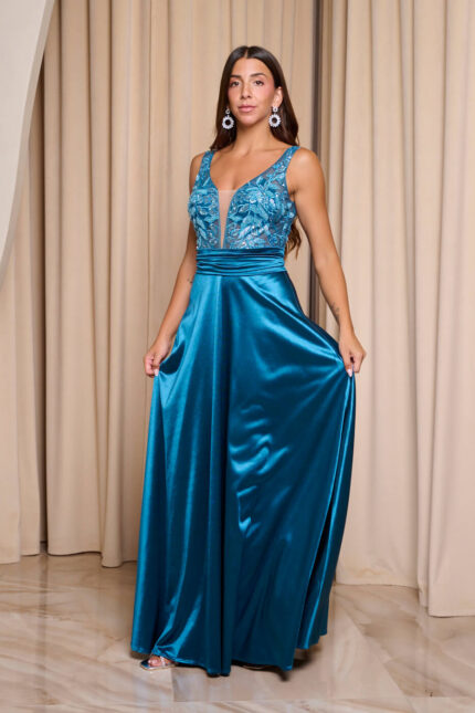 Φόρεμα maxi σατέν με κεντημένο μπούστο και ζώνη με πιέτες πετρόλ