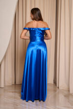 Φόρεμα maxi σατέν off shoulder V ντεκολτέ μπλε ρουά