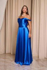 Φόρεμα maxi σατέν off shoulder V ντεκολτέ μπλε ρουά