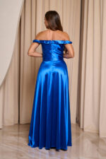 Φόρεμα maxi σατέν off shoulder V ντεκολτέ μπλε ρουά