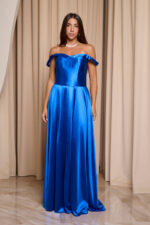 Φόρεμα maxi σατέν off shoulder V ντεκολτέ μπλε ρουά