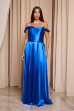 Φόρεμα maxi σατέν off shoulder V ντεκολτέ μπλε ρουά
