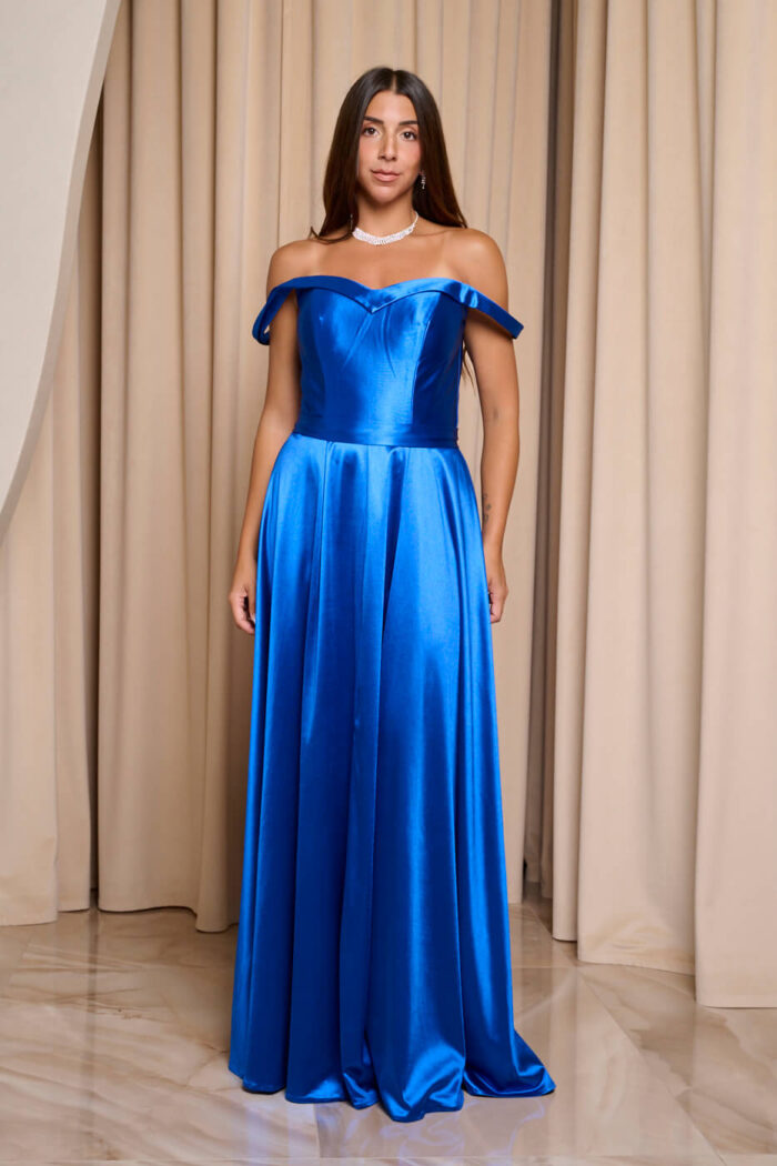 Φόρεμα maxi σατέν off shoulder V ντεκολτέ μπλε ρουά