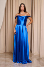 Φόρεμα maxi σατέν off shoulder V ντεκολτέ μπλε ρουά