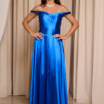 Φόρεμα maxi σατέν off shoulder V ντεκολτέ μπλε ρουά