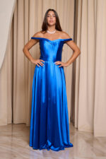 Φόρεμα maxi σατέν off shoulder V ντεκολτέ μπλε ρουά