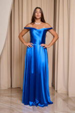 Φόρεμα maxi σατέν off shoulder V ντεκολτέ μπλε ρουά