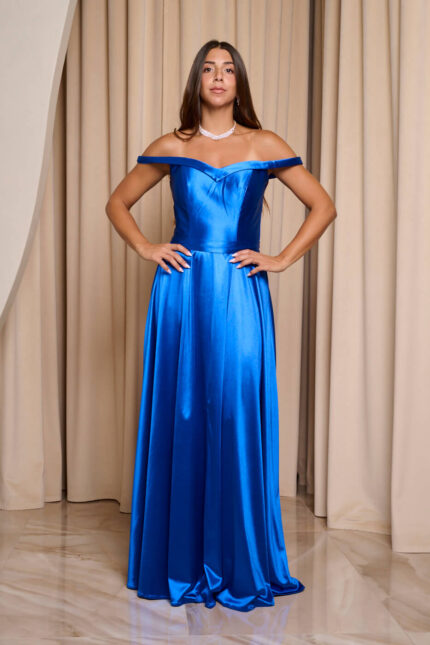 Φόρεμα maxi σατέν off shoulder V ντεκολτέ μπλε ρουά