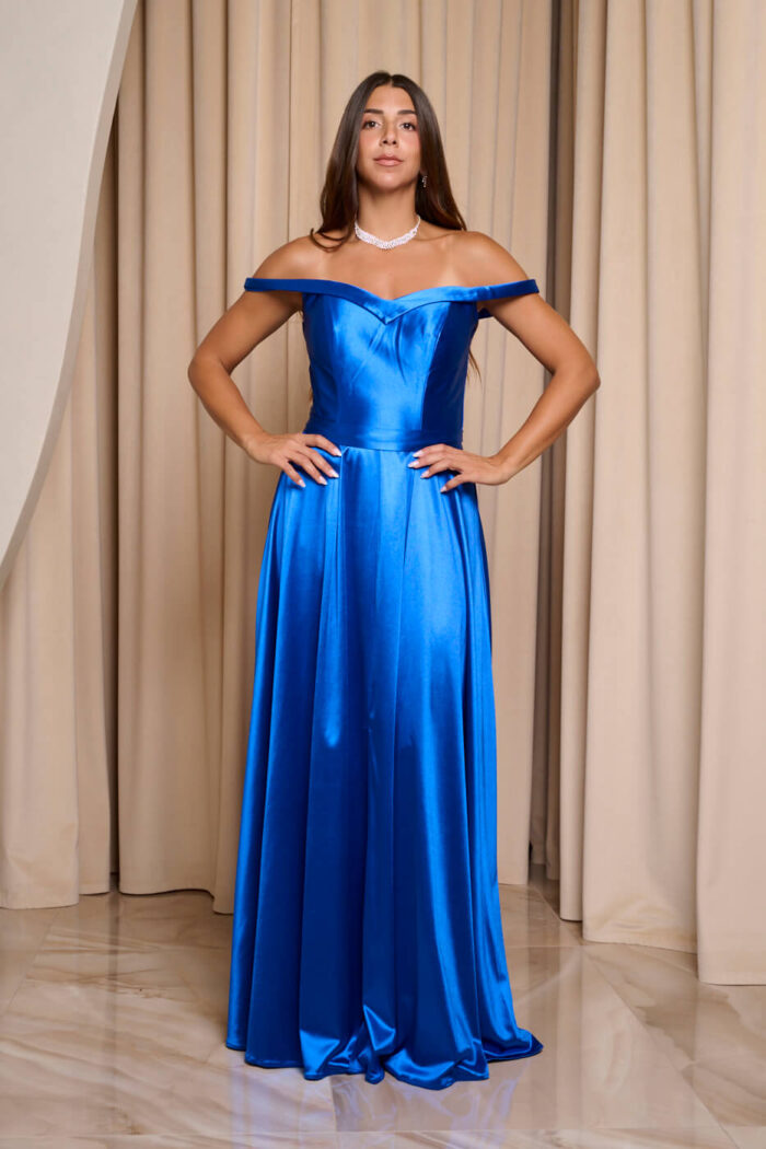 Φόρεμα maxi σατέν off shoulder V ντεκολτέ μπλε ρουά