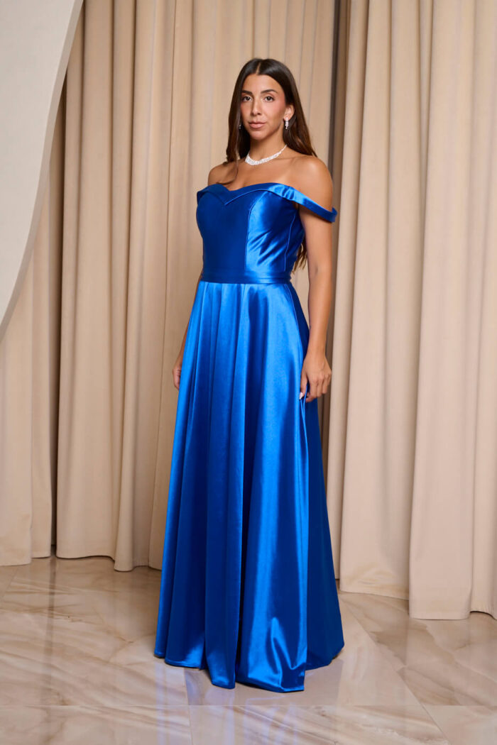 Φόρεμα maxi σατέν off shoulder V ντεκολτέ μπλε ρουά - Image 9
