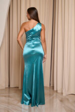 Φόρεμα maxi σατέν one shoulder με στρας στην μέση βεραμάν