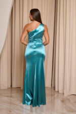 Φόρεμα maxi σατέν one shoulder με στρας στην μέση βεραμάν