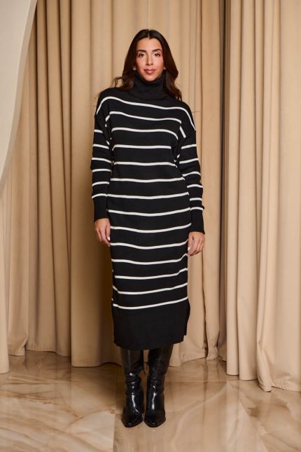 Φόρεμα midi πλεκτό με ζιβάγκο και ρίγες ασπρόμαυρο