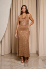 Φόρεμα maxi με παγιέτες και cowl neck bronze