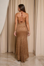Φόρεμα maxi με παγιέτες και cowl neck bronze