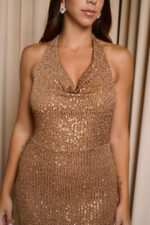 Φόρεμα maxi με παγιέτες και cowl neck bronze