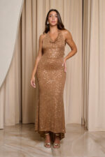 Φόρεμα maxi με παγιέτες και cowl neck bronze